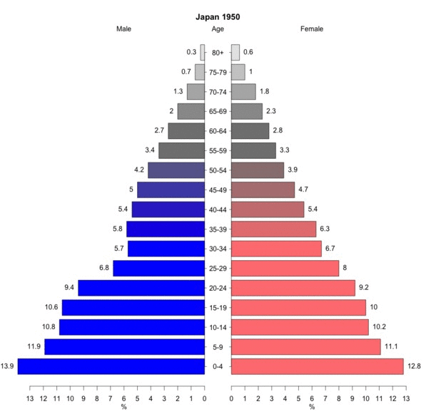 Japan Age Sex Pyramids 1950-2010
